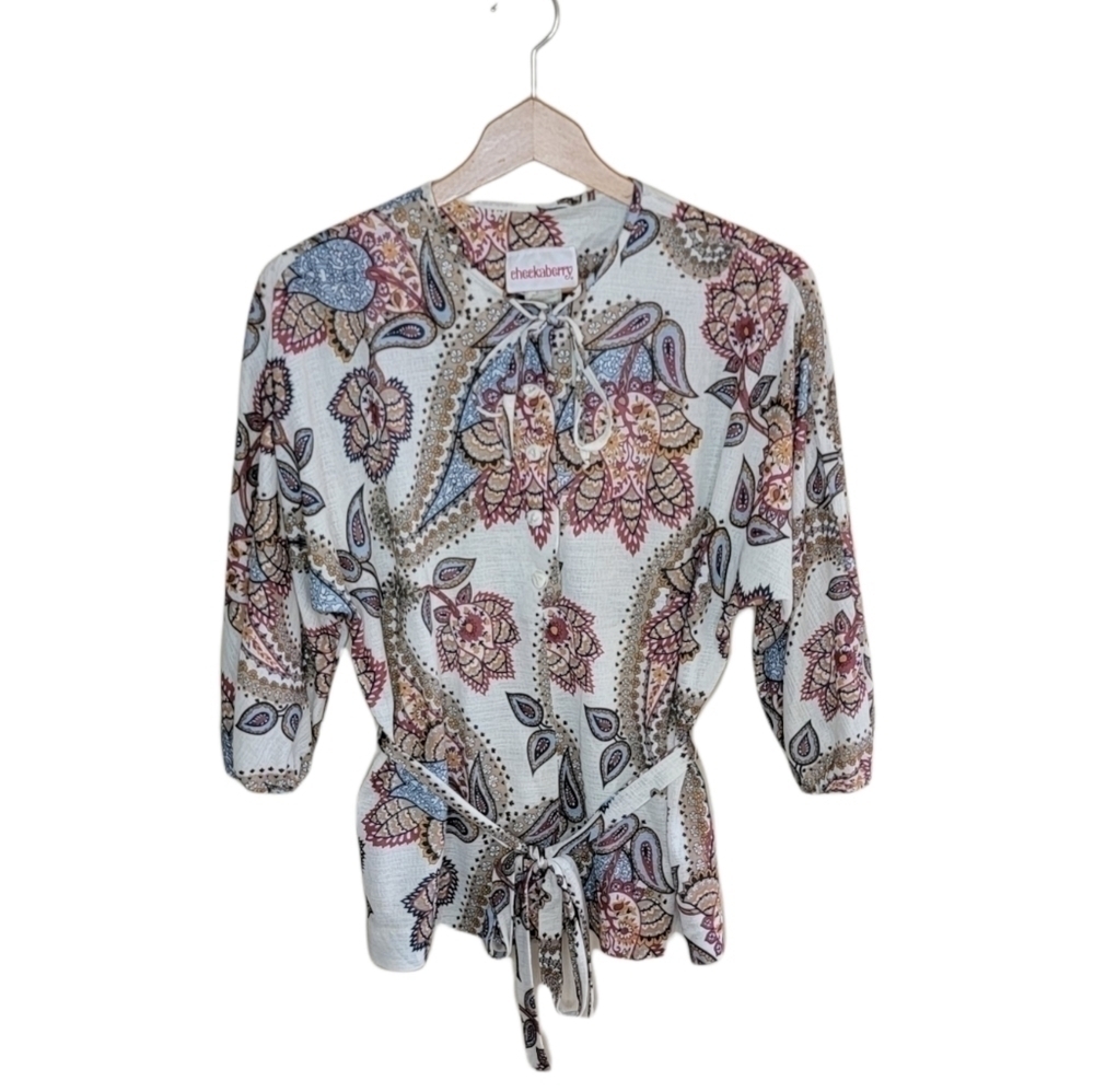 Vintage 1970s Checkaberry | Floral Print Blouse with Removable Tie Waist